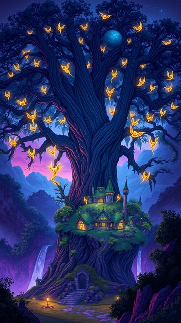 Mystical Giant Tree Village Night Wallpaper