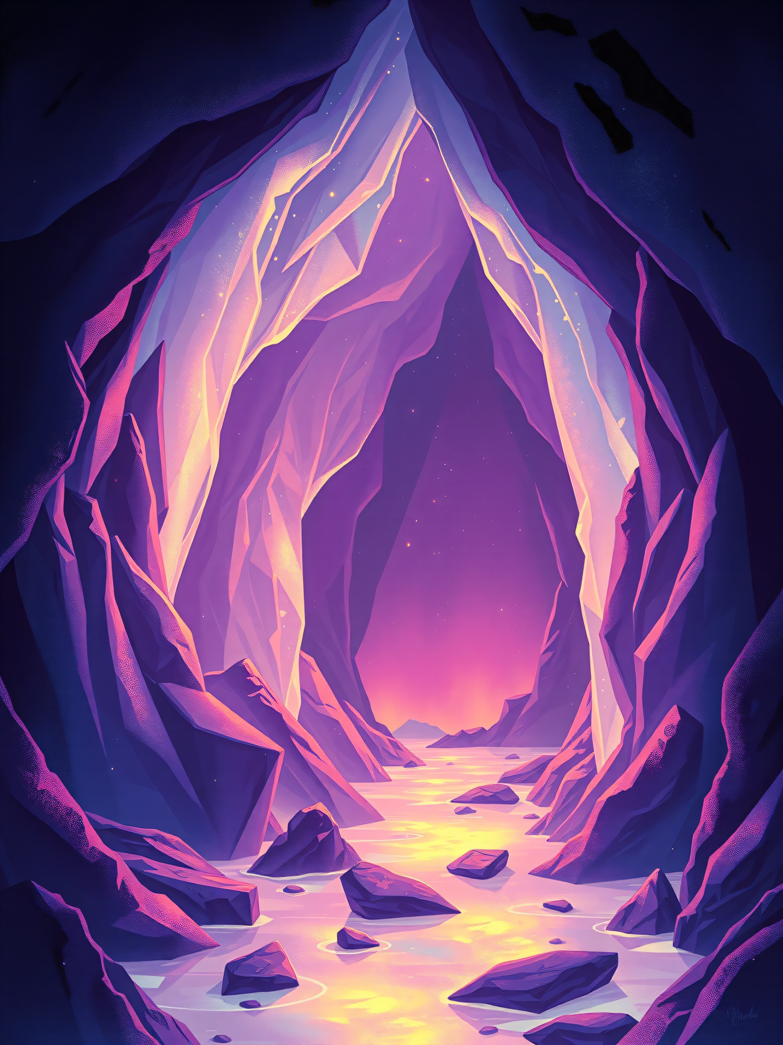 Neon Crystal Cave River at Sunset, neon cave, crystal cave, fantasy river, purple aesthetic, sunset glow, dreamy wallpaper