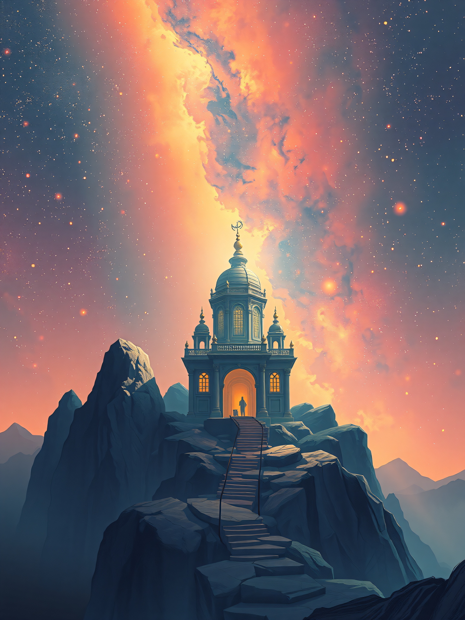Celestial Temple on Mountain Peak Nebula Sky, celestial, temple, mountain, nebula, space, fantasy