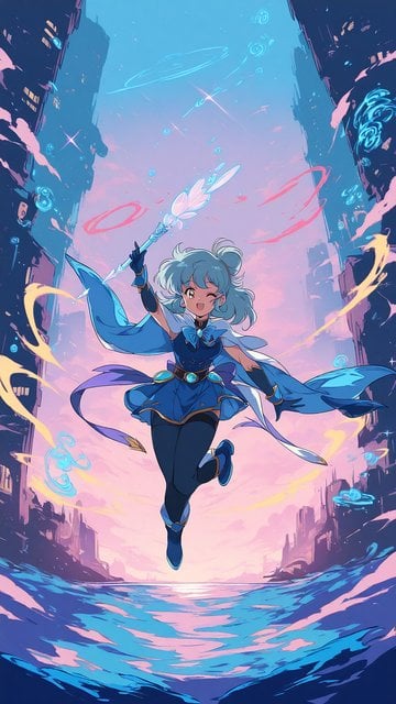 Anime Magical Girl in Cyber City Sunset
