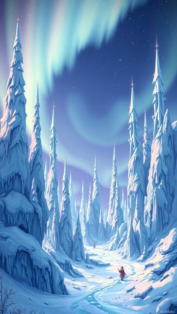 Enchanted Winter Forest Aurora Night Sky
