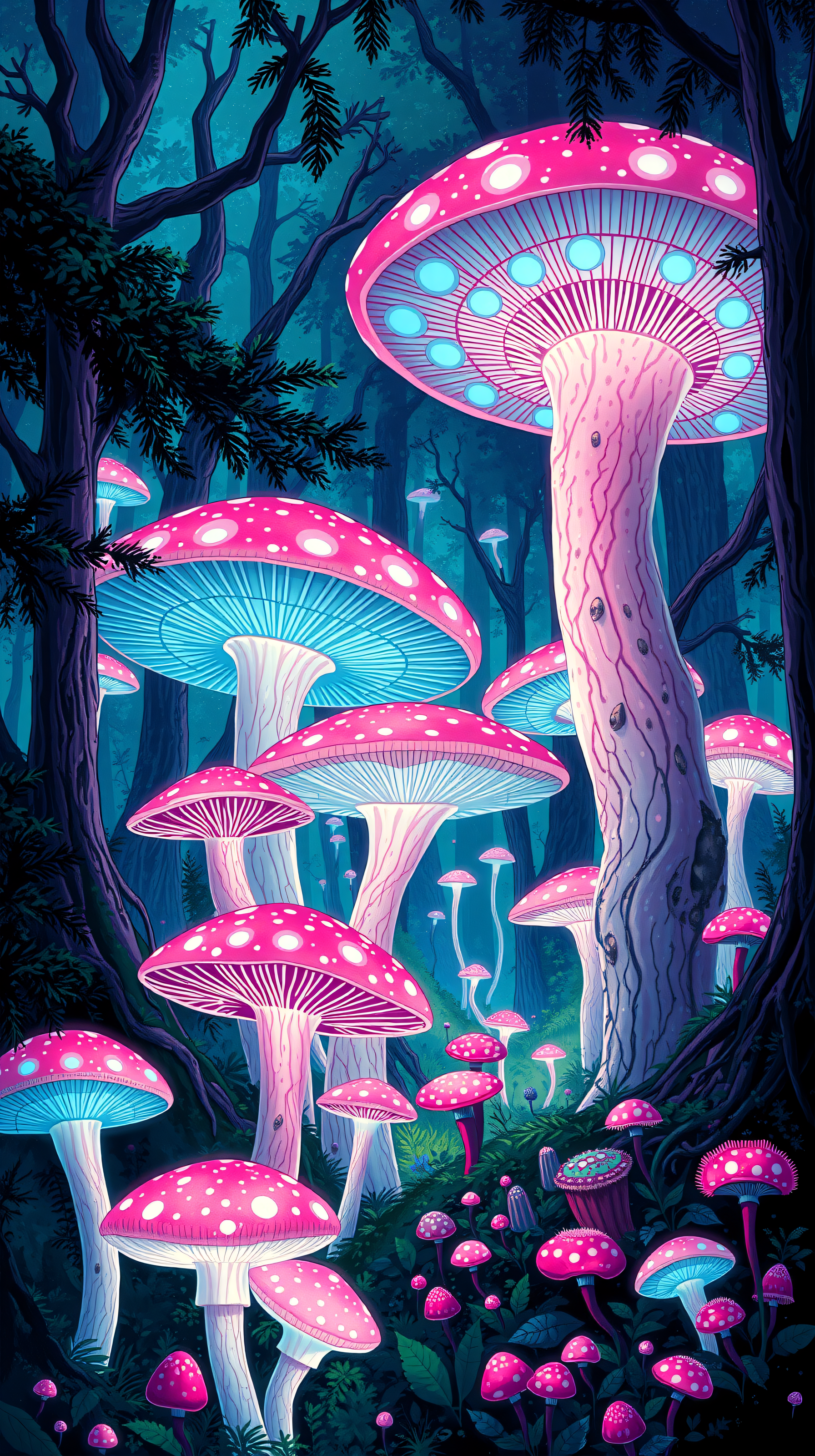 Neon Mushroom Forest Night Wallpaper, neon mushroom, fantasy forest, glowing fungi, magic woods, pink blue, dark teal