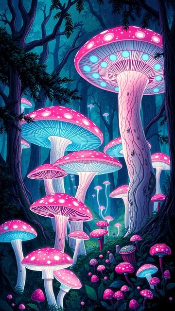 Neon Mushroom Forest Night Wallpaper