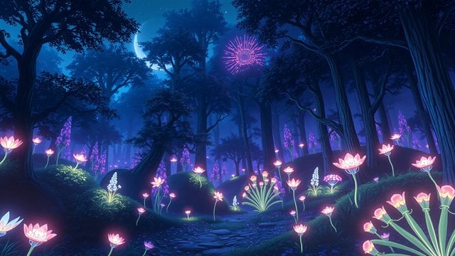 Enchanted Forest Night with Glowing Fantasy Flowers