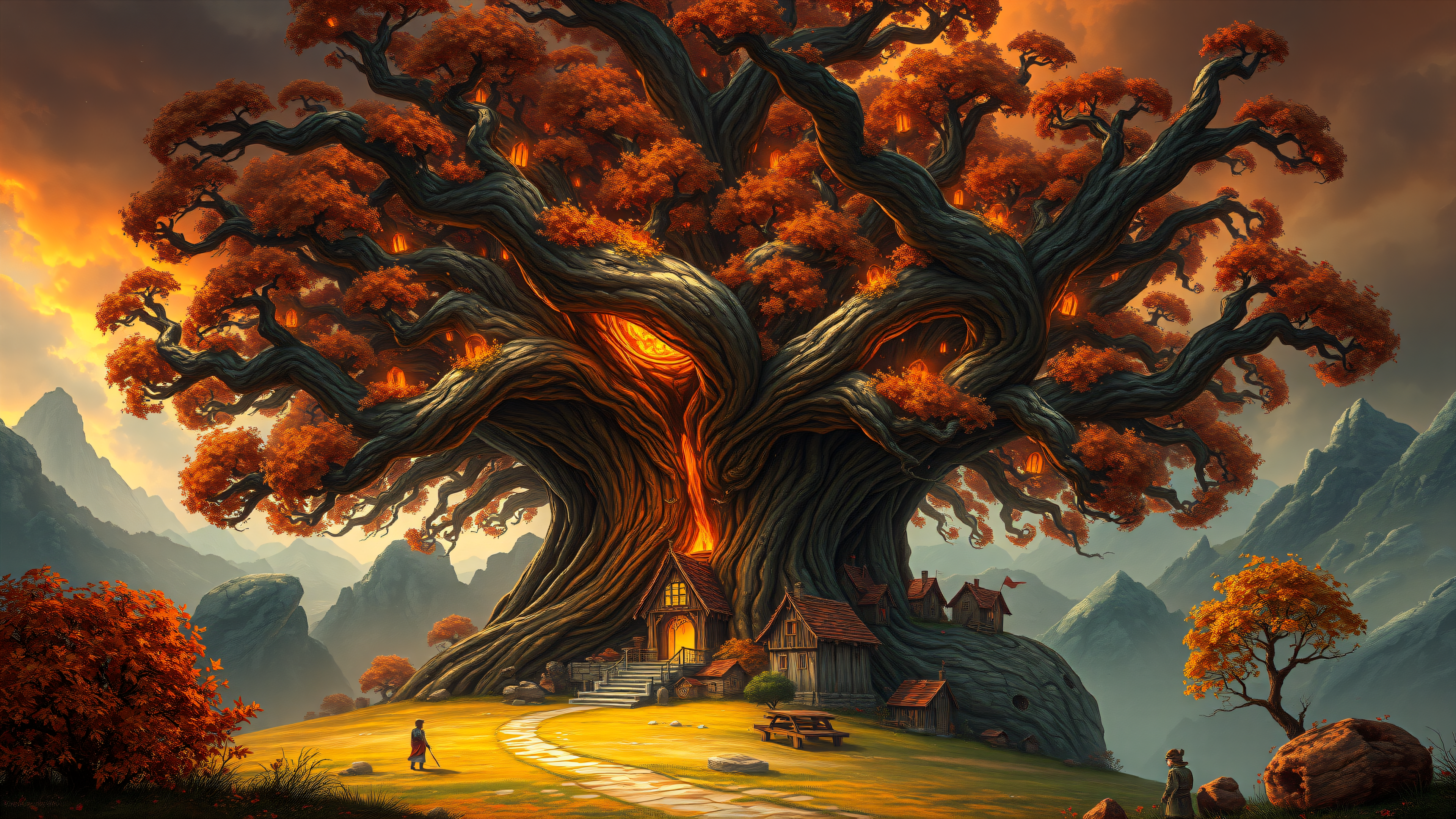 Enchanted Autumn Tree Village at Sunset, fantasy tree, enchanted village, autumn leaves, sunset landscape, magical forest, treehouse