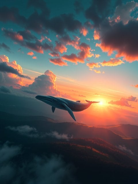 Flying Whale Sunset Sky Fantasy Wallpaper