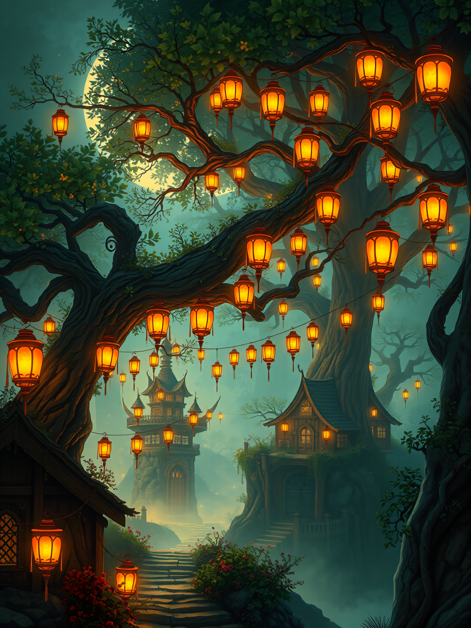 Enchanted Lantern Forest Village at Moonlight, fantasy forest, lanterns, moonlight, enchanted village, mystical, tree houses