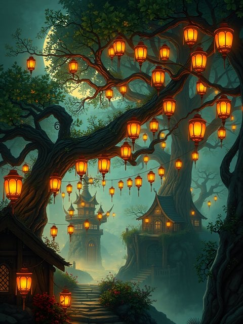 Enchanted Lantern Forest Village at Moonlight