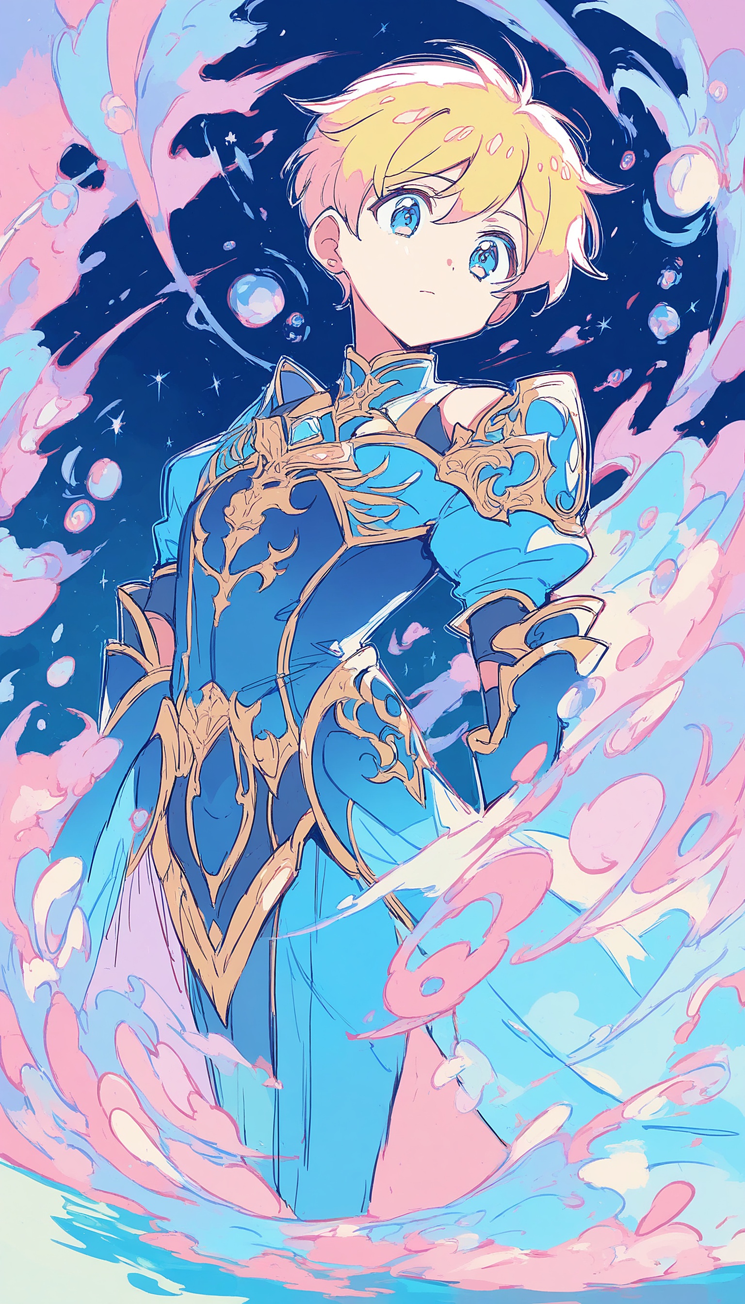 Anime Boy in Blue Gold Armor, Pastel Sky, anime boy, fantasy armor, pastel aesthetic, blue and gold, cute anime, dreamy art