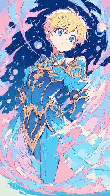 Anime Boy in Blue Gold Armor, Pastel Sky