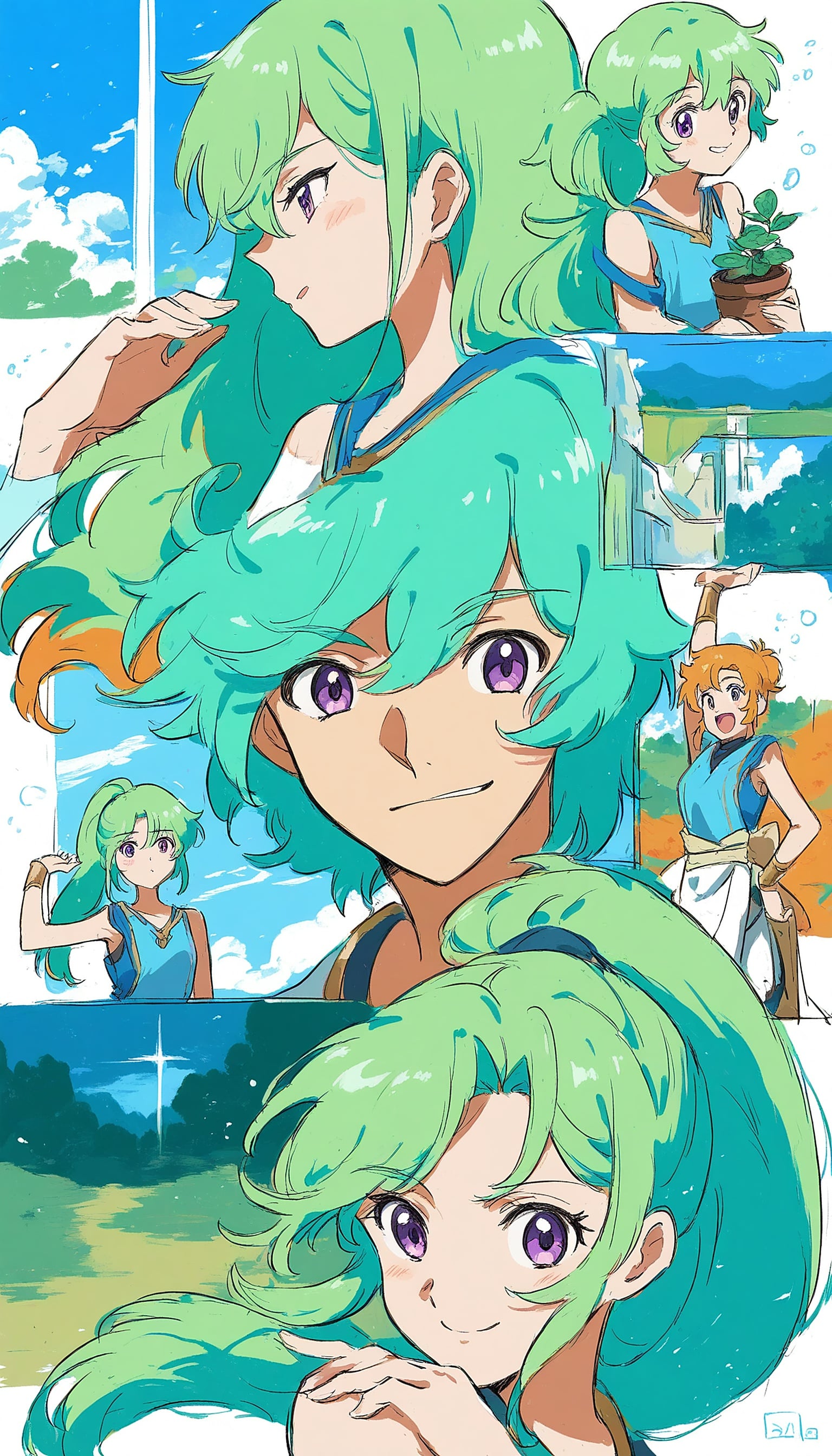 Anime Girl Green Hair Manga Collage Wallpaper, anime girl, green hair, manga collage, cute anime, expressive, blue sky