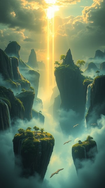Fantasy Sky Islands with Waterfalls and Sun Rays