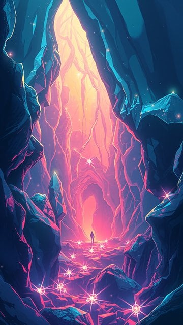 Neon Crystal Cave Portal with Figure
