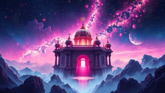 Cosmic Temple in Pink Nebula Mountains Wallpaper