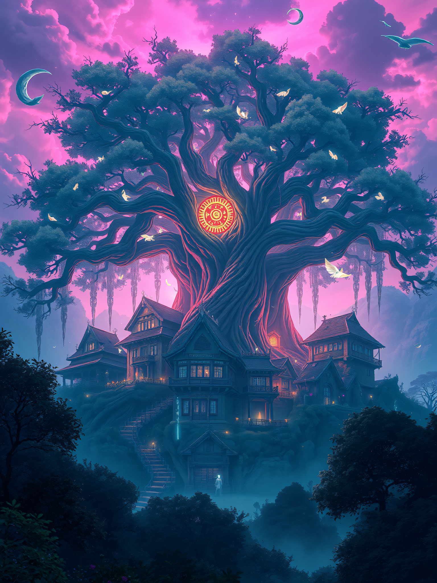Fantasy Tree Village under Pink Twilight Sky, fantasy tree, enchanted village, pink sky, purple clouds, crescent moon, magical night