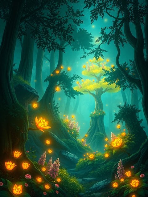 Enchanted Forest with Glowing Flowers Wallpaper