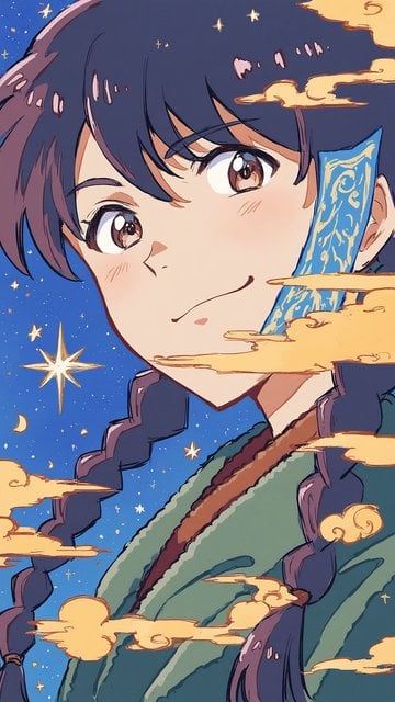 Anime Girl Starry Night Sky with Clouds Wallpaper