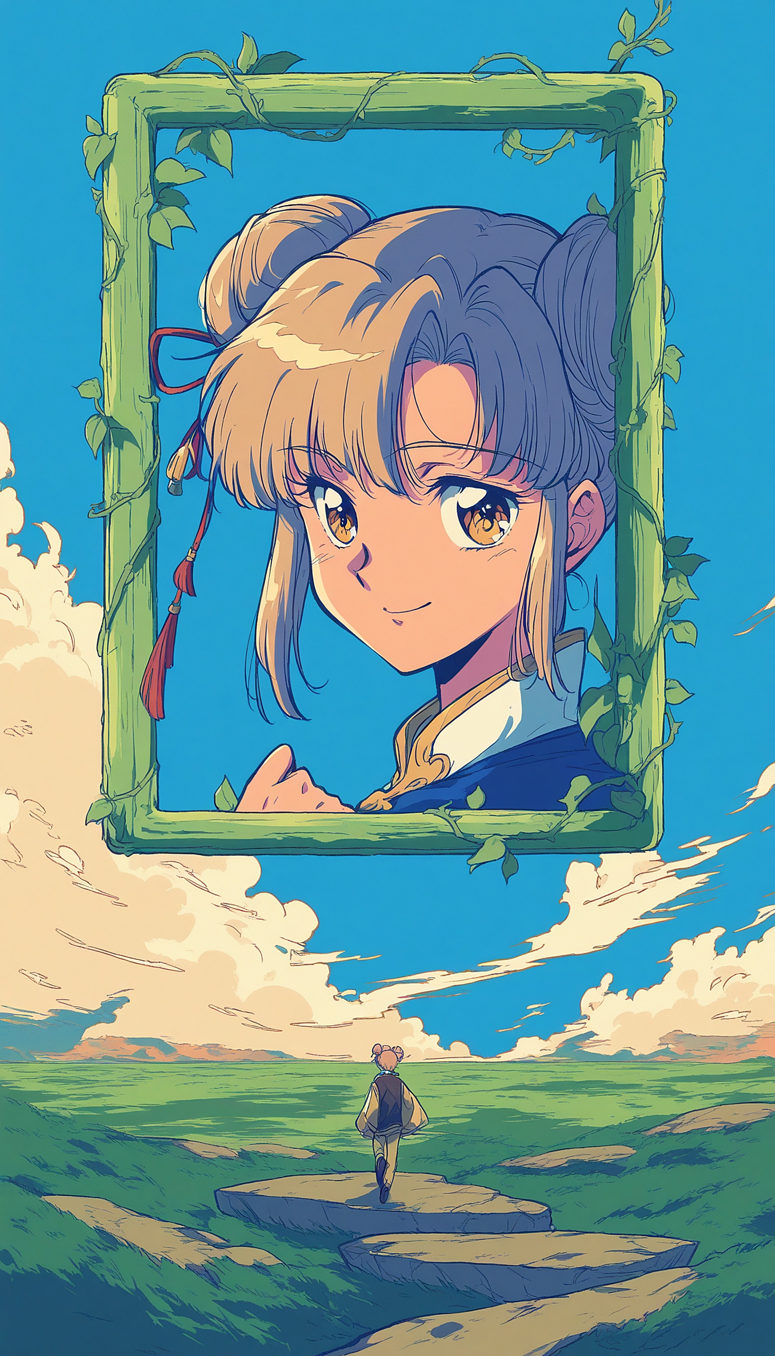 Anime Girl in Vine Frame, Grassy Landscape, anime girl, vine frame, fantasy landscape, grassy field, blue sky, peach clouds