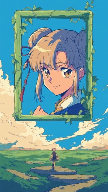 Anime Girl in Vine Frame, Grassy Landscape