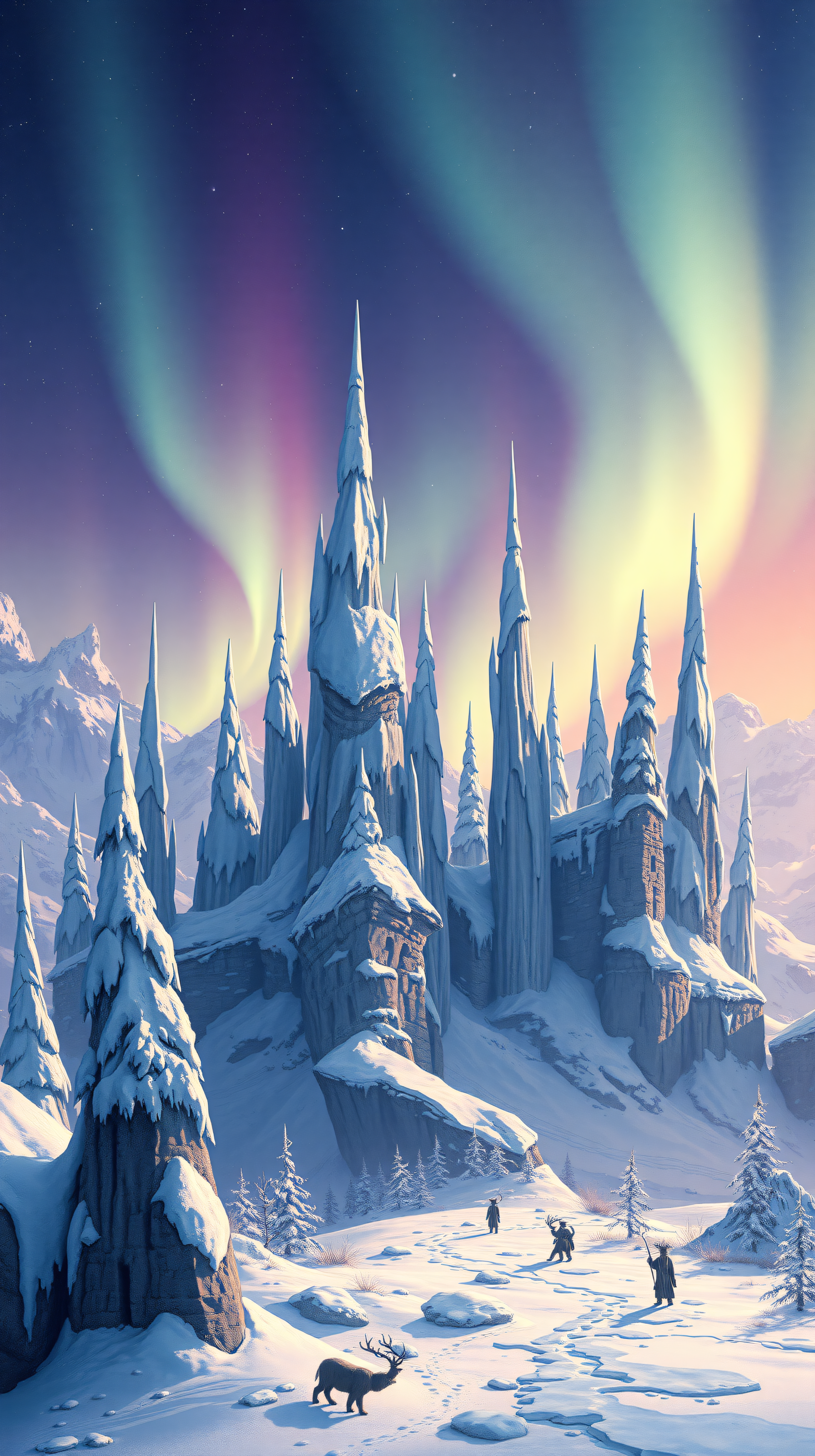 Fantasy Ice Castle Northern Lights Wallpaper, ice castle, northern lights, aurora borealis, fantasy art, winter landscape, snowy mountains