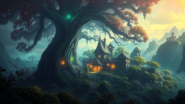 Ancient Magic Tree and Village Fantasy Landscape