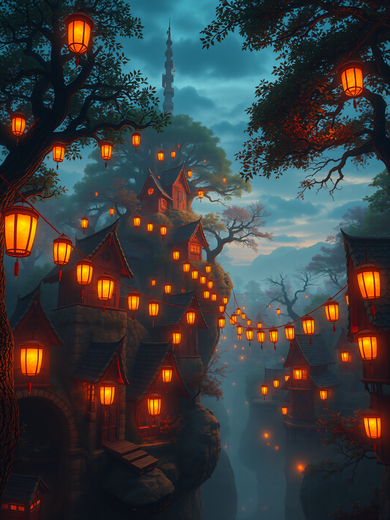 Fantasy Lantern Village at Dusk, fantasy village, lanterns, glowing lights, misty mountains, dusk, ethereal