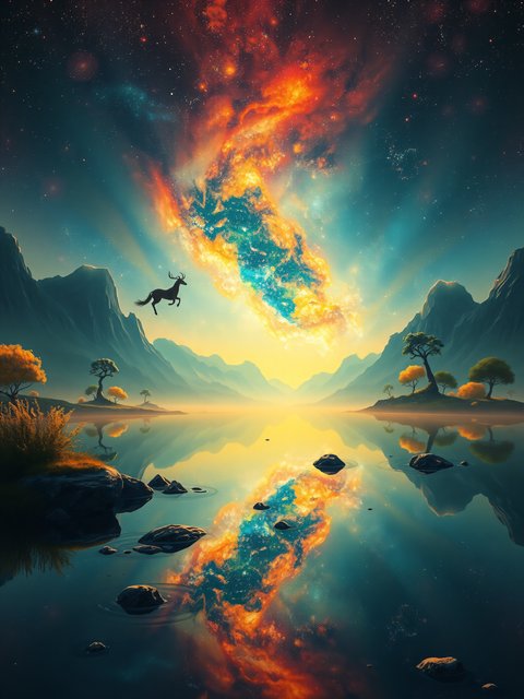 Celestial Lake Landscape with Flying Stag