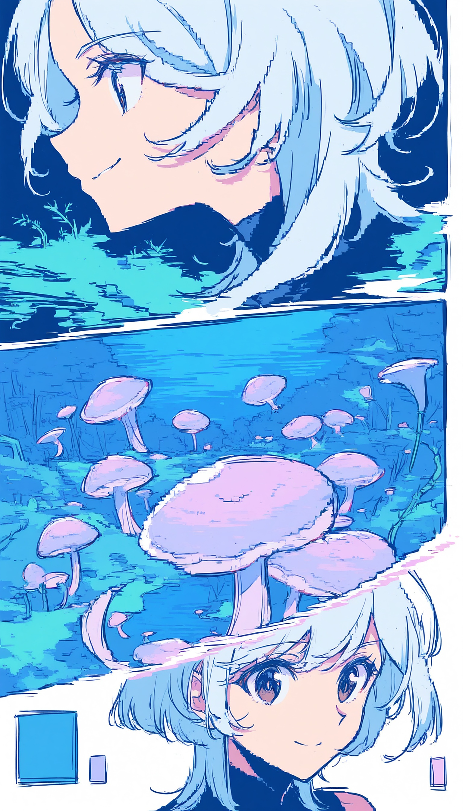 Anime Girl in Mushroom Forest Aesthetic Wallpaper, anime girl, mushroom forest, fantasy, cute, aesthetic, blue hair