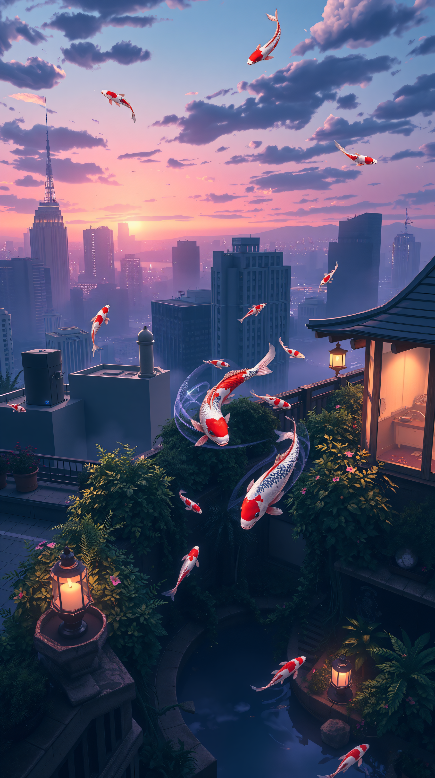 Flying Koi Fish Over City at Sunset, koi fish, flying fish, sunset city, rooftop garden, fantasy art, surreal