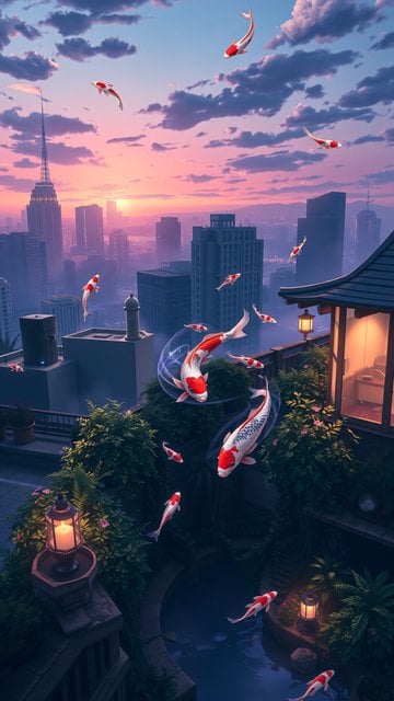 Flying Koi Fish Over City at Sunset