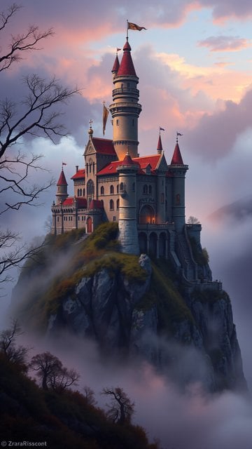 Fantasy Castle on Misty Mountain at Sunset