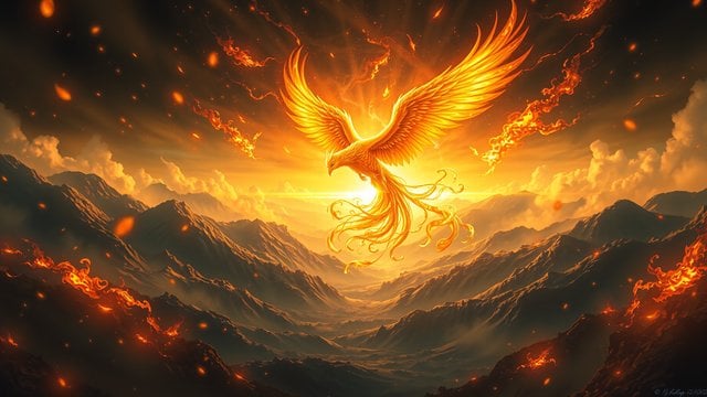 Fiery Phoenix Rising Over Scorched Mountains