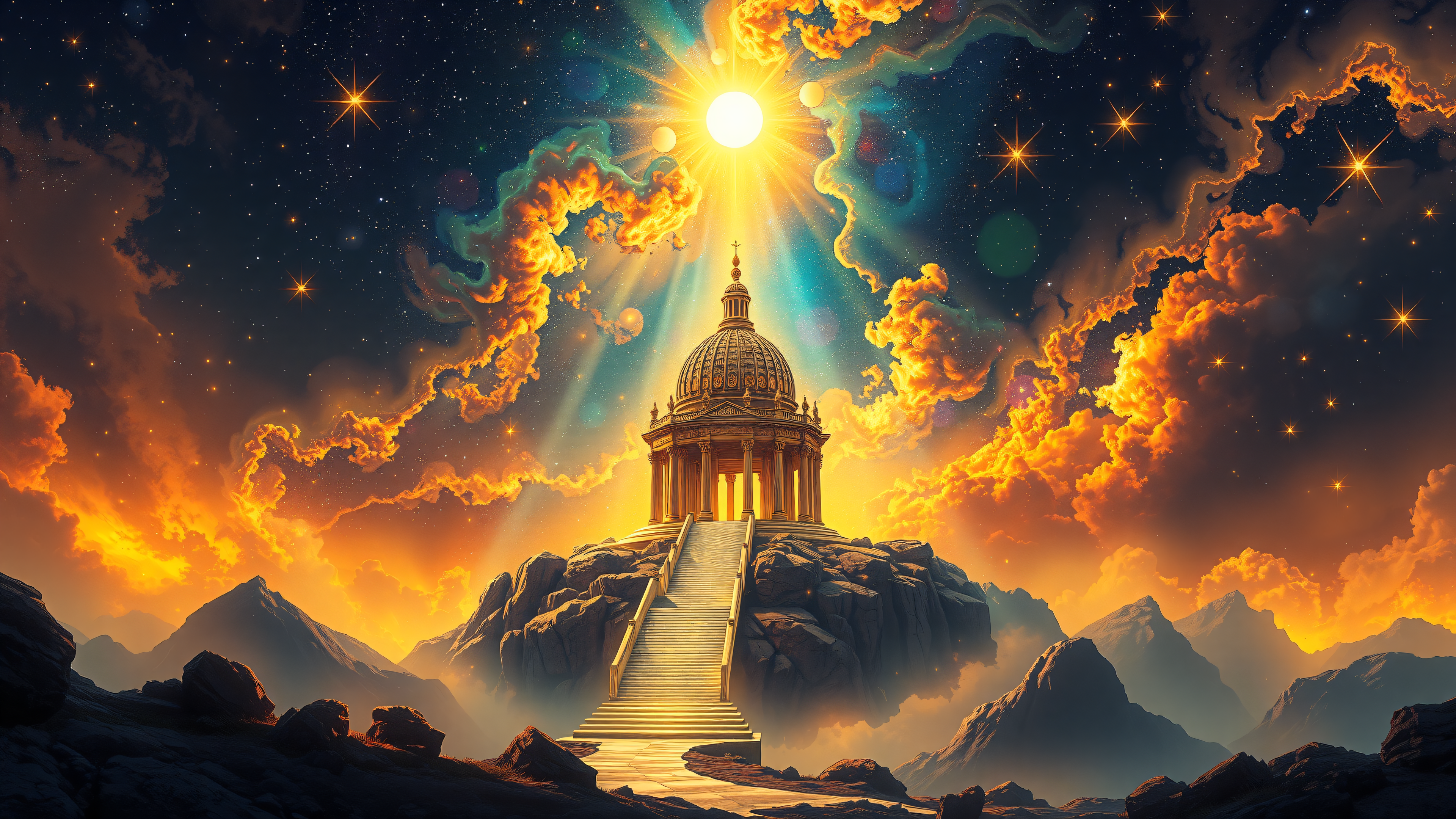 Celestial Temple in Cosmic Sunset Sky, celestial temple, fantasy landscape, cosmic sunset, golden dome, starry sky, nebula