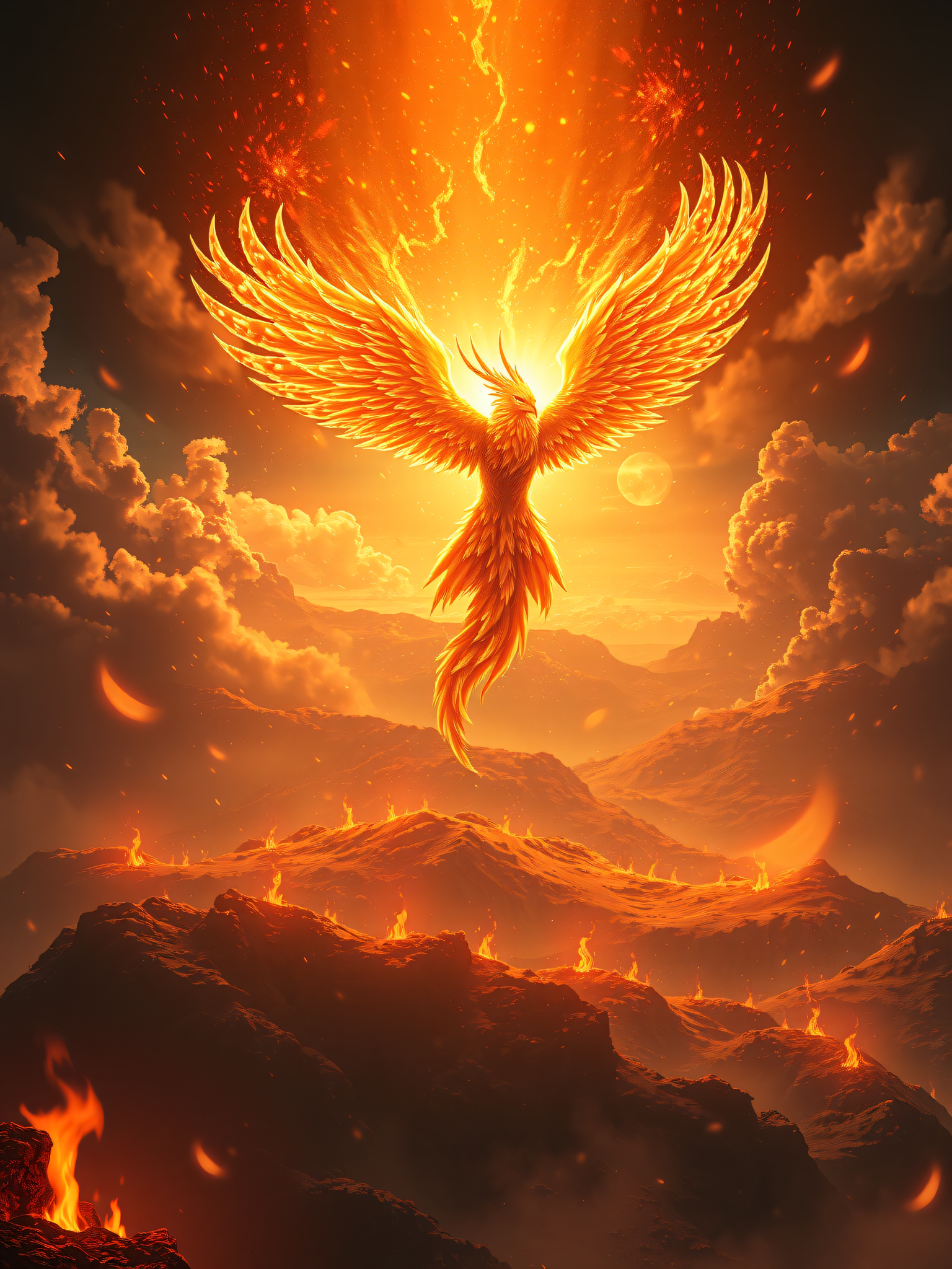 Fiery Phoenix Rising Over Scorched Lands, phoenix, fire bird, fantasy, mythical creature, fire, orange