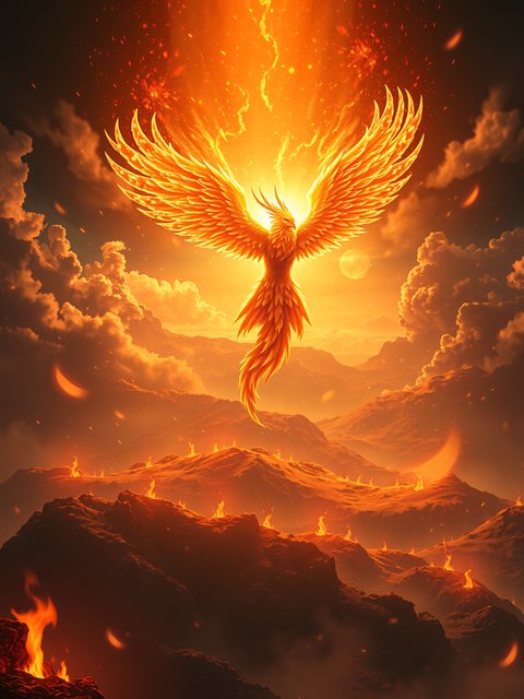 Fiery Phoenix Rising Over Scorched Lands