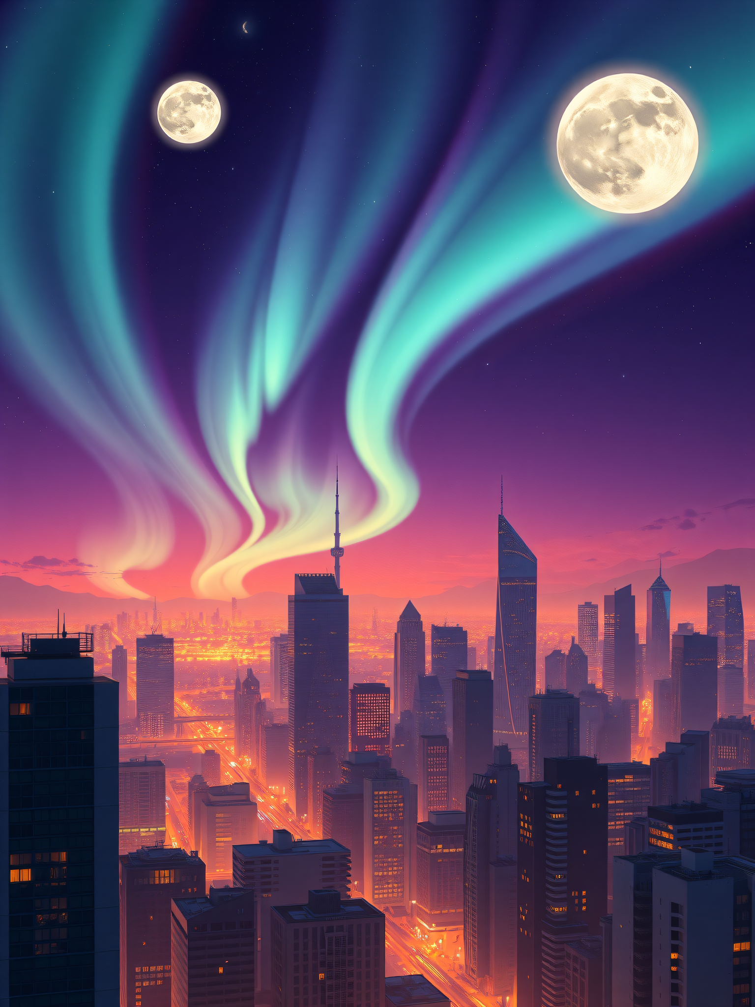 Aurora City Skyline with Twin Moons, aurora borealis, cityscape, twin moons, fantasy, night city, vibrant