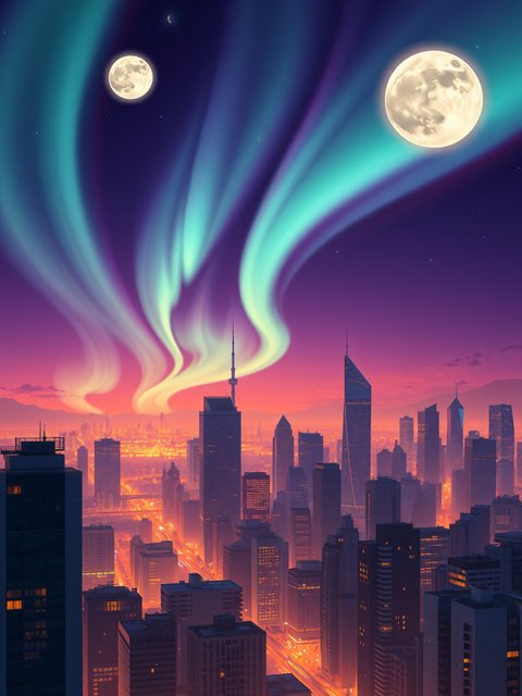 Aurora City Skyline with Twin Moons