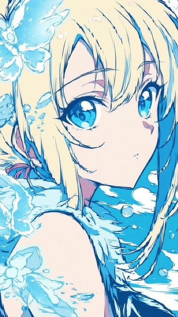 Anime Girl Blonde Hair Blue Eyes Floral Art