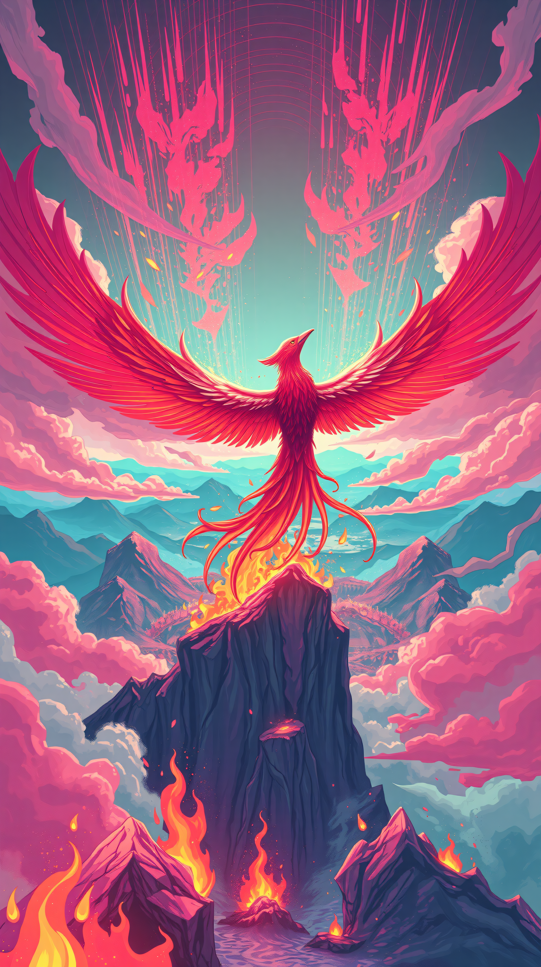 Phoenix Rising over Fiery Mountains Wallpaper, phoenix, fantasy bird, fiery mountains, pink clouds, red wings, vector art