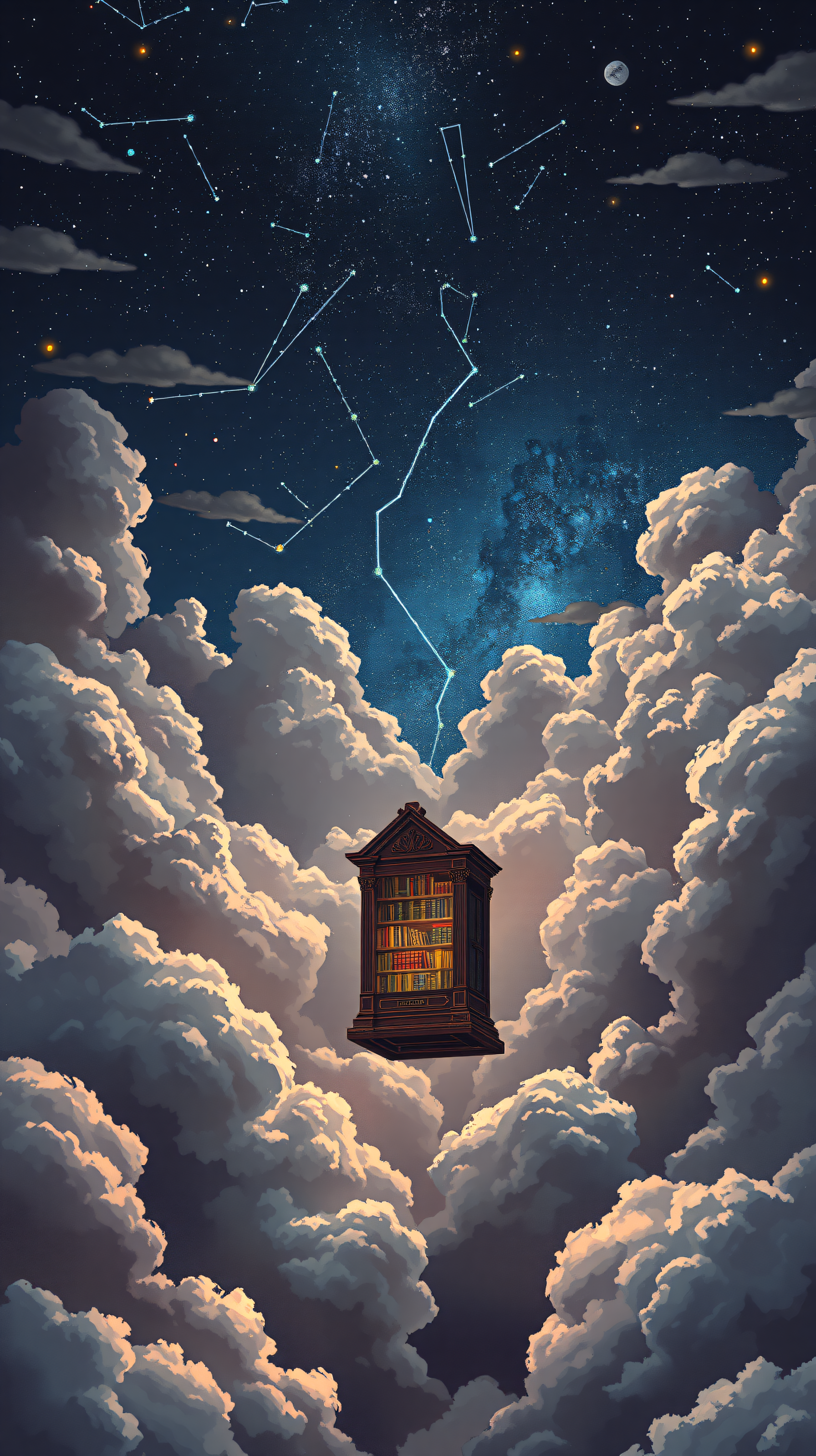 Cosmic Bookshelf in Dreamy Clouds, floating bookshelf, cosmic, clouds, stars, constellations, fantasy