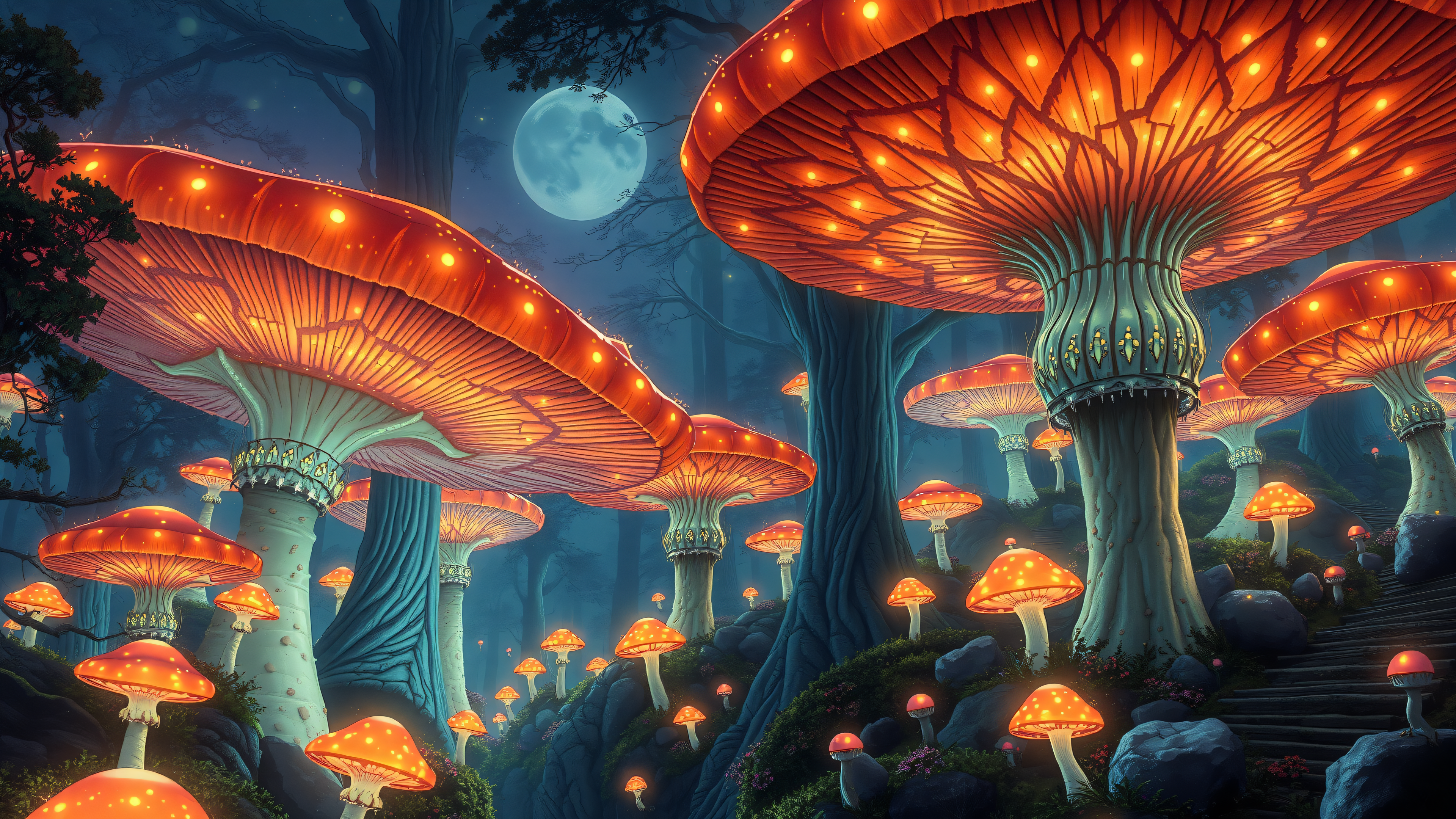 Enchanted Glowing Mushroom Forest Moonlit Night, glowing mushrooms, fantasy forest, moonlit night, enchanted woods, magical fungi, orange and blue