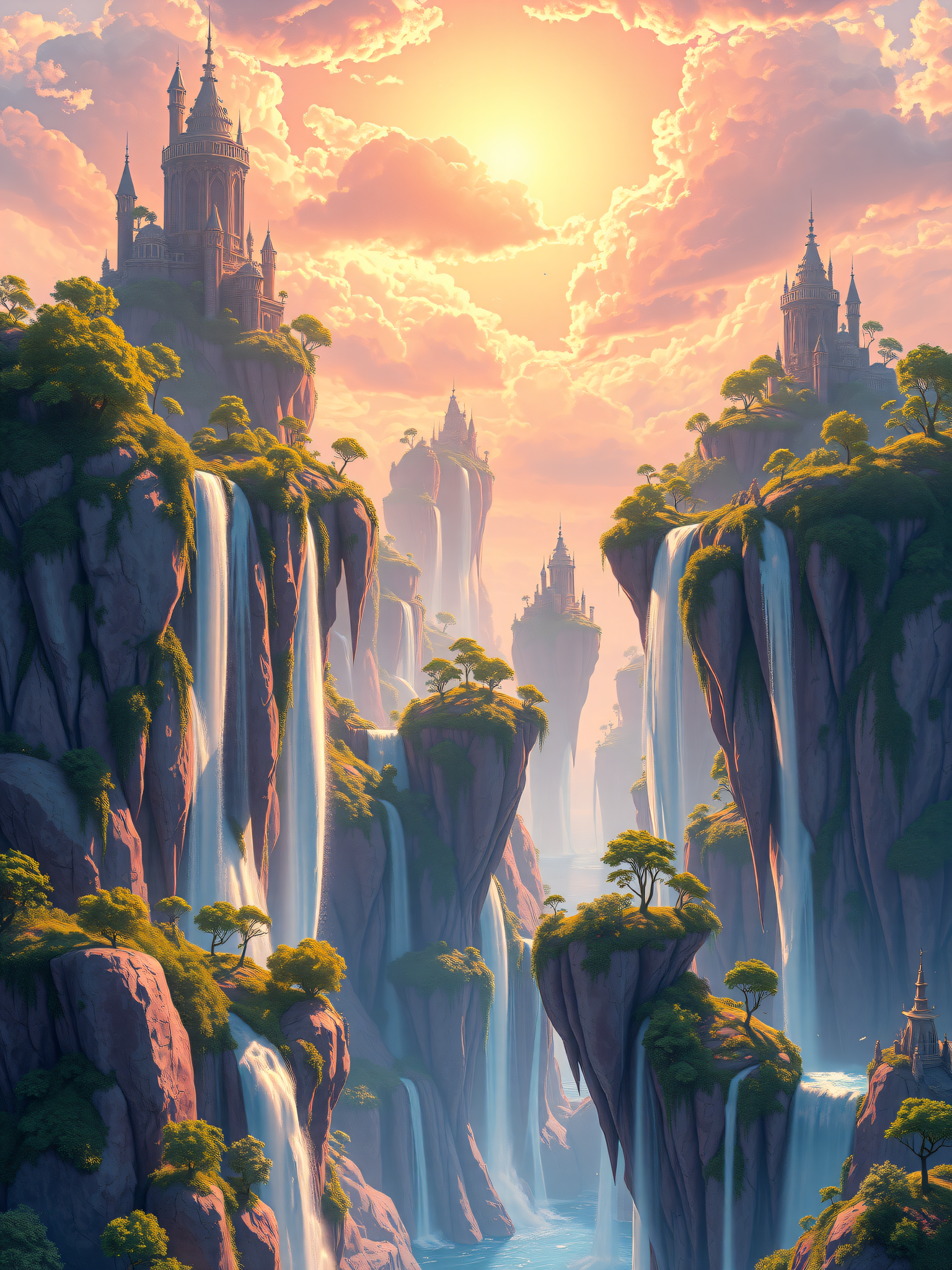 Fantasy Sky Castles and Waterfalls Sunset, fantasy, castle, waterfall, sunset, floating island, magical landscape