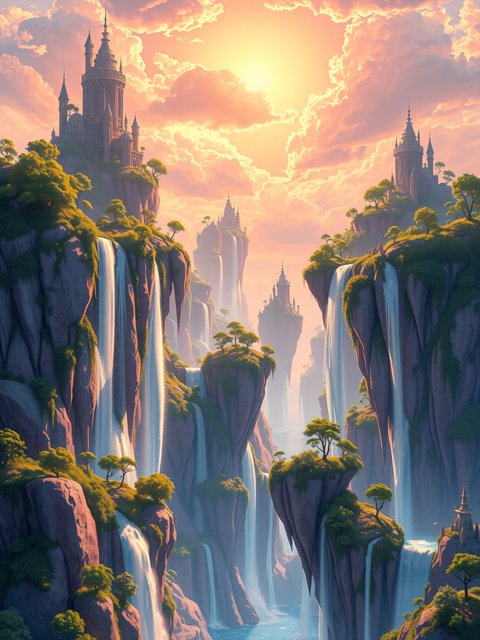 Fantasy Sky Castles and Waterfalls Sunset