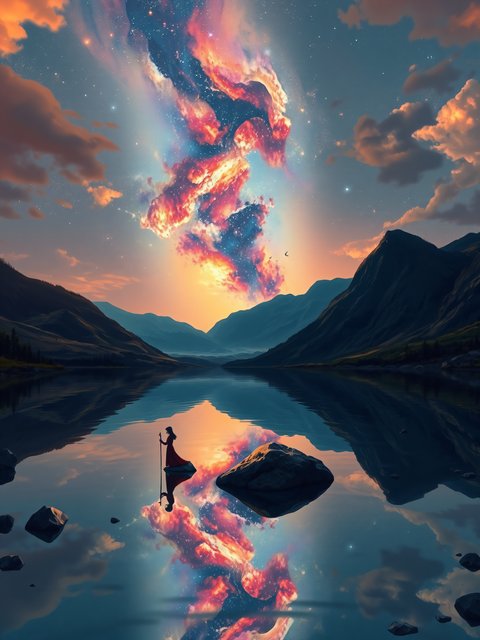 Fantasy Lake Sunset with Cosmic Clouds & Wanderer