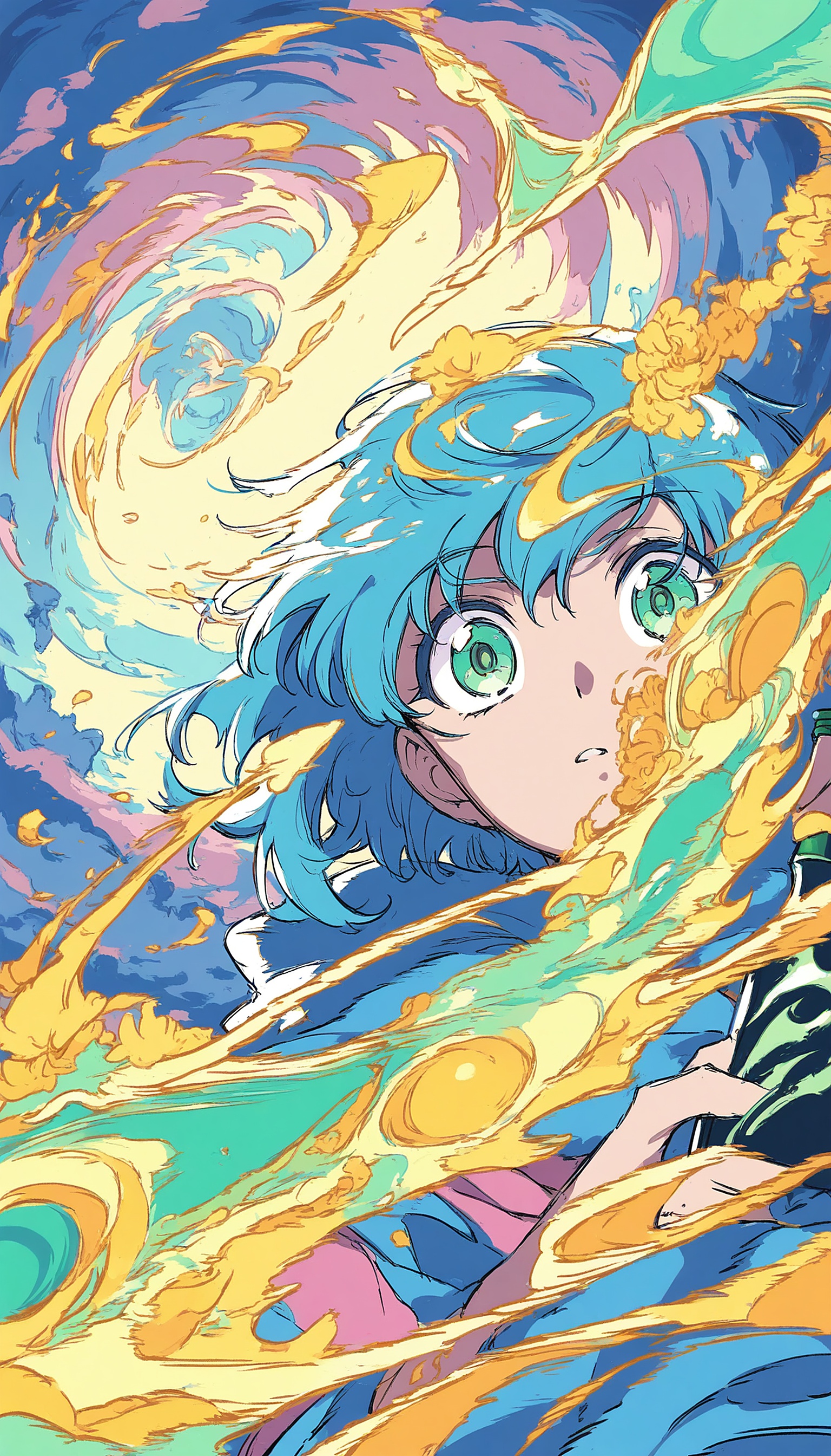 Anime Girl Blue Hair Fire Energy Wallpaper, anime girl, blue hair, green eyes, fantasy art, energy, flames