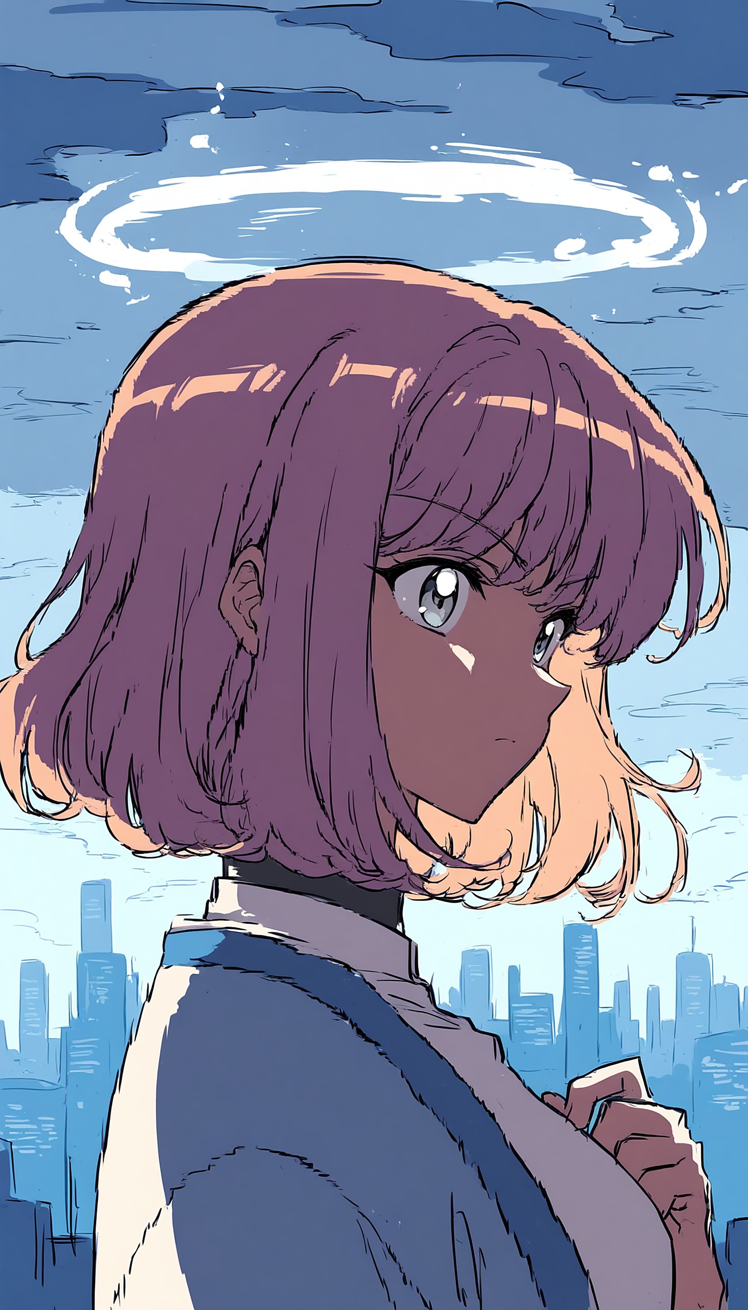 Anime Girl Halo Cityscape Sky, anime girl, halo, cityscape, blue sky, purple hair, urban fantasy