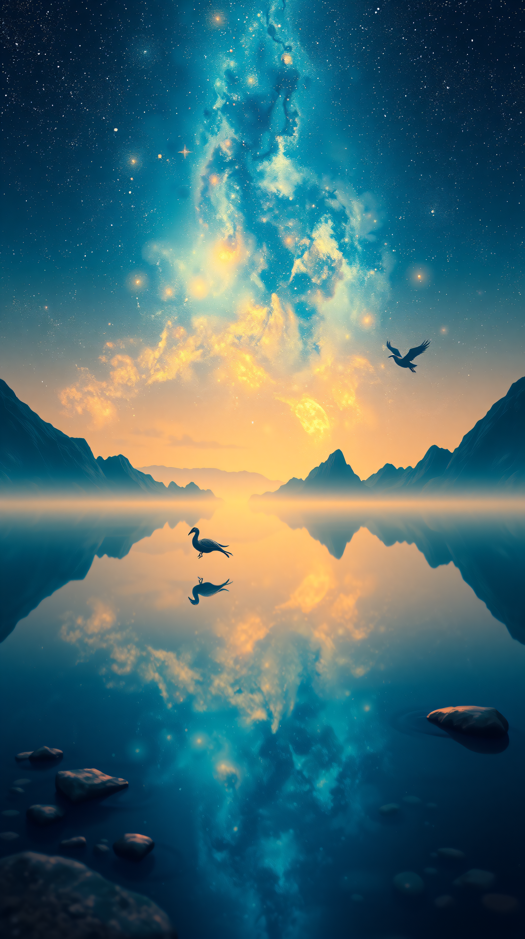 Cosmic Lake Birds at Sunset & Starry Night Sky, cosmic lake, starry night, sunset, fantasy landscape, celestial, birds