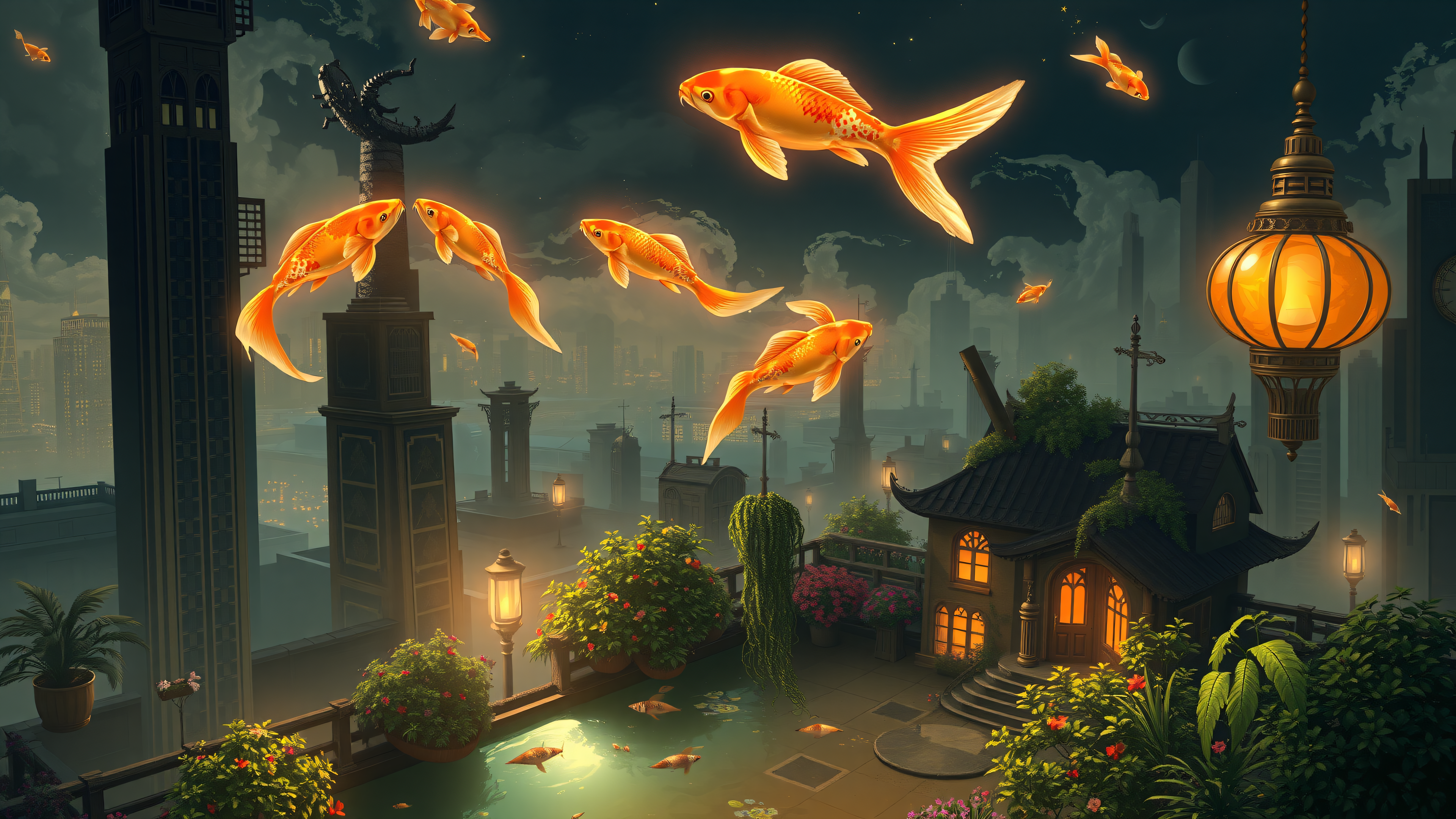 Flying Goldfish Over Rooftop Garden City, goldfish, flying fish, fantasy city, rooftop garden, night city, glowing fish