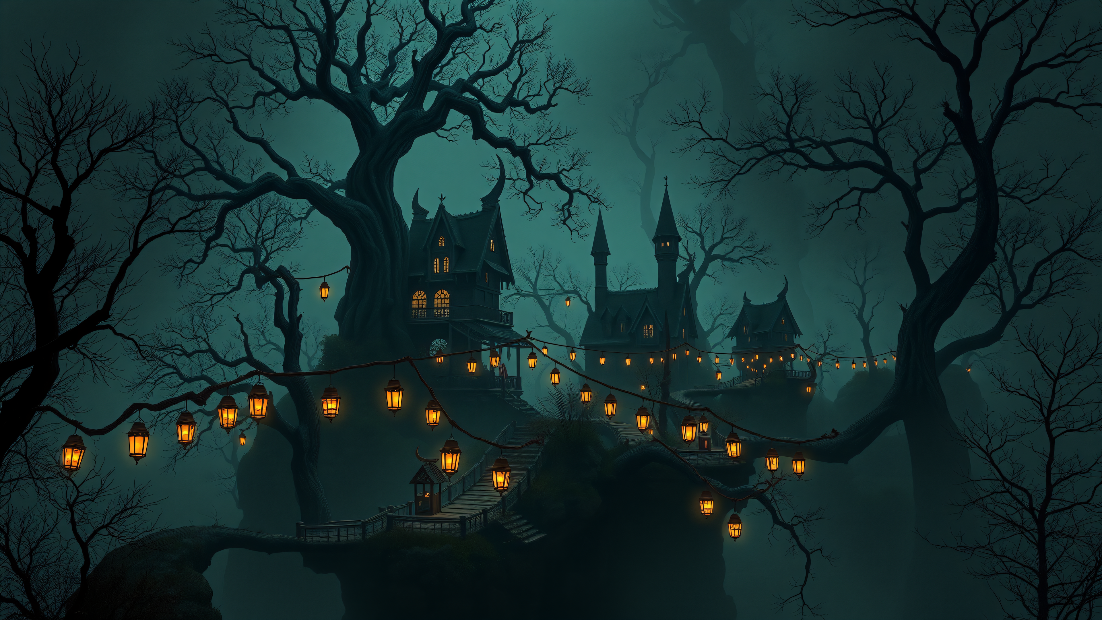 Enchanted Forest Village with Glowing Lanterns, enchanted forest, fantasy village, glowing lanterns, mystical, teal aesthetic, halloween