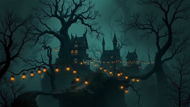 Enchanted Forest Village with Glowing Lanterns